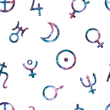 Sulu boya burcunun kusursuz deseni. El çizimi beyaza izole edilmiş. Gezegenlerin sembolleri, Güneş ve Ay astrolojik tahminler, yıldız falı, iç poster, kumaş tekstil