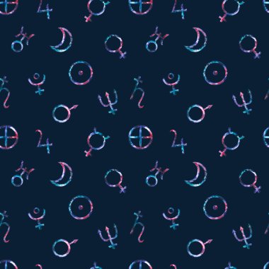 Sulu boya burcunun kusursuz deseni. El çizimi çizimleri karanlıkta izole edilir. Gezegenlerin sembolleri, Güneş ve Ay astrolojik tahminler, yıldız falı, iç poster, kumaş tekstil