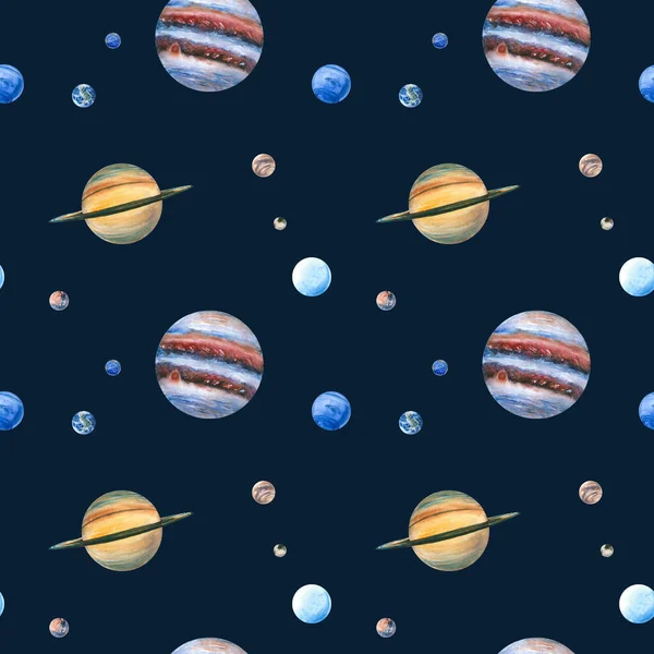 Seamless pattern of watercolor planets. Hand drawn illustration is isolated on dark. Painted solar system is perfect for interior poster, science background, fabric textile, children's wallpaper