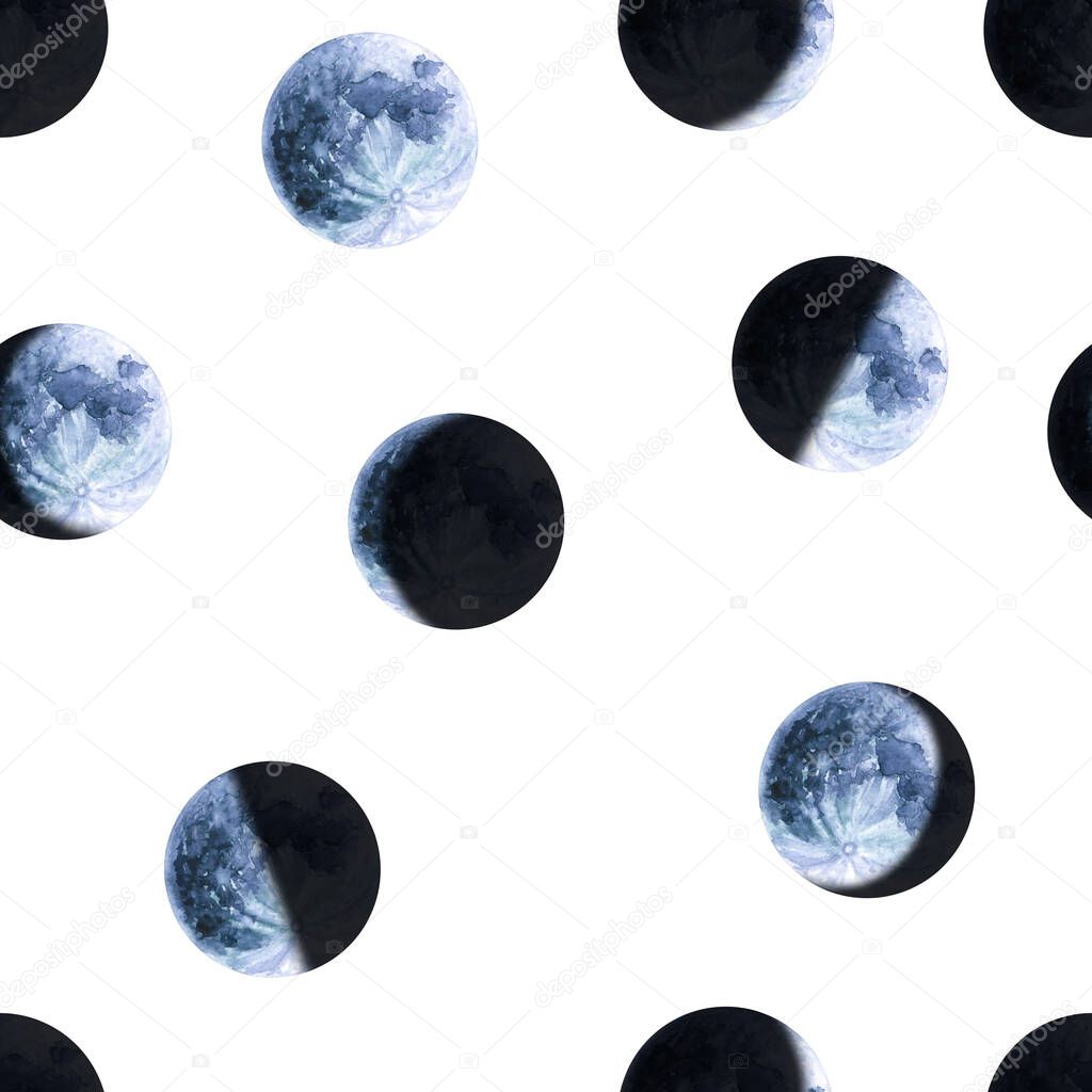 Seamless pattern of watercolor moon phases. Hand drawn illustration isolated on white. Painted Earth satellite is perfect for astrologer, interior wallpaper, poster, science background, fabric textile