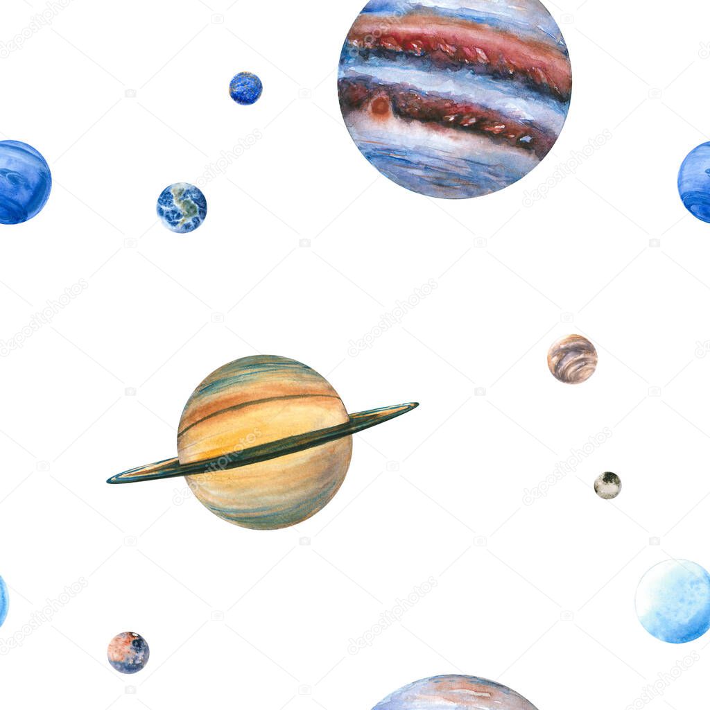 Seamless pattern of watercolor planets. Hand drawn illustration is isolated on white. Painted solar system is perfect for interior poster, science background, fabric textile, children's wallpaper