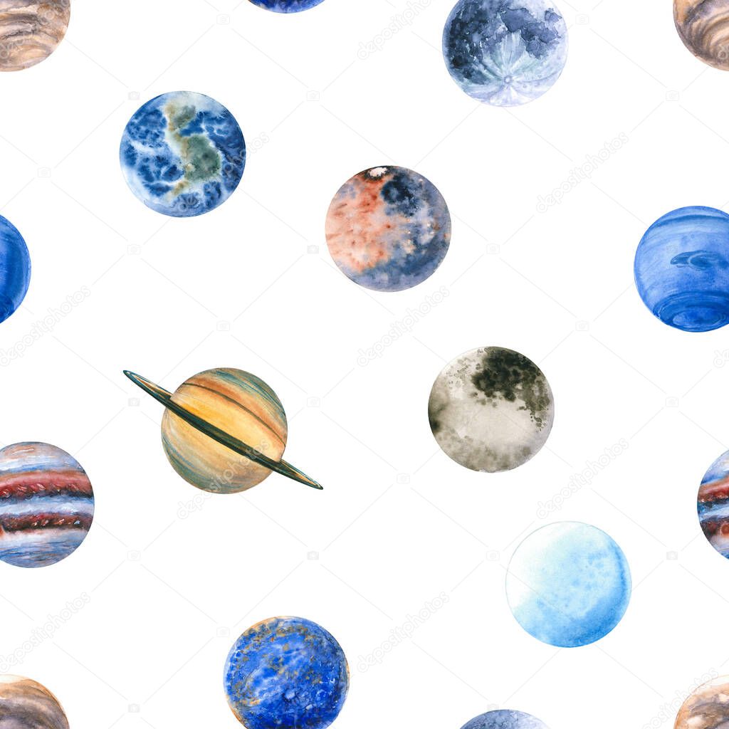 Seamless pattern of watercolor planets and Moon. Hand drawn illustration is isolated on white. Painted solar system is perfect for astrologer, interior poster, science background, fabric textile
