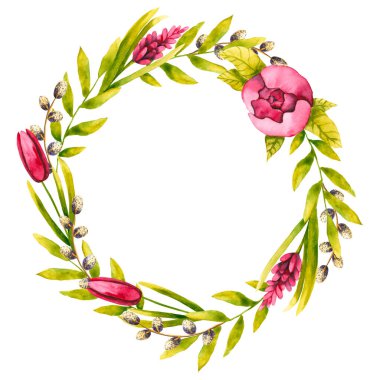Çiçekli suluboya çelenk. El çizimi beyaza izole edilmiş. Boyalı laleler, şakayık, sümbül ve dallar tebrik kartı, düğün davetiyesi, kumaş tekstili, bayram afişi için mükemmeldir.