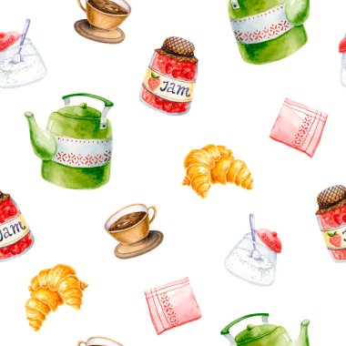 Sulu çaydanlık, çilek reçeli, kruvasan, şeker, peçete, kahve fincanı. Beyaz elle izole edilmiş kahvaltı yemeklerinin çizimi mutfak tasarımı ve kumaş tekstili için mükemmel.