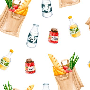 İçinde ürünler, süt şişesi, zeytin yağı ve cam kavanoz reçel olan kusursuz desenler. Beyaz elle izole edilmiş kahvaltı yemeklerinin çizimi mutfak tasarımı ve kumaş tekstili için mükemmel.