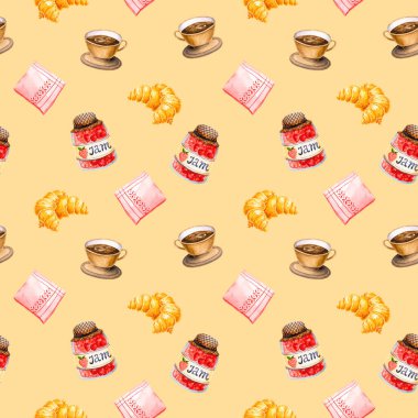 Suluboya çilek reçeli, kruvasan, peçete, kahve fincanı. Mutfak tasarımı, kumaş tekstili, duvar kağıdı, etiket için mükemmel.