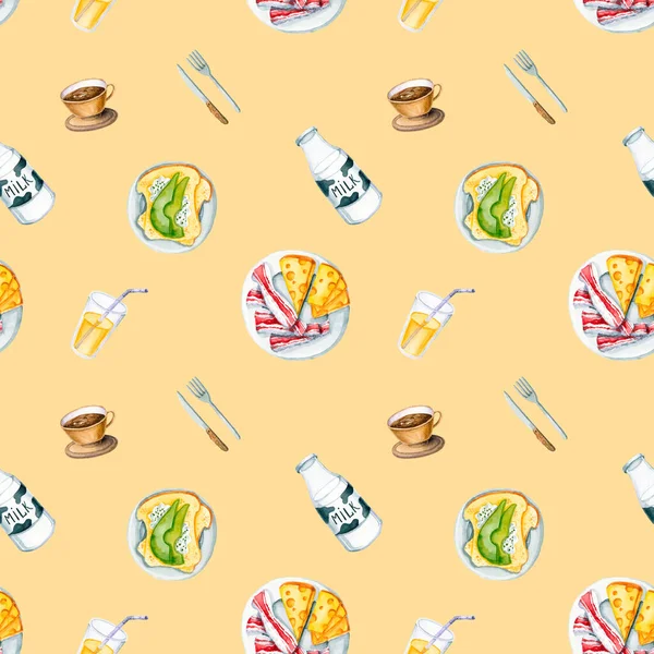 Seamless pattern with watercolor milk, toast, orange juice, cheese, bacon, coffee cup, fork, knife. Isolated hand drawn illustration of breakfast food perfect for kitchen design, fabric textile