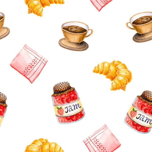Seamless pattern with watercolor strawberry jam, croissant, napkin, coffee cup. Isolated on white hand drawn illustration of breakfast food perfect for kitchen design, fabric textile, wallpaper