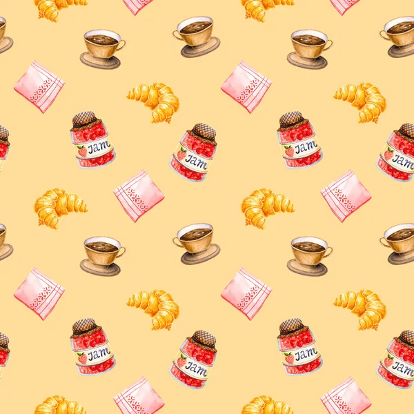 Seamless pattern with watercolor strawberry jam, croissant, napkin, coffee cup. Isolated hand drawn illustration of breakfast food perfect for kitchen design, fabric textile, wallpaper, label