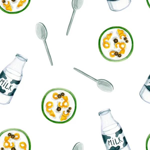 Seamless Pattern Watercolor Cereals Bowl Bottle Milk Spoon Isolated White — Stock Photo, Image