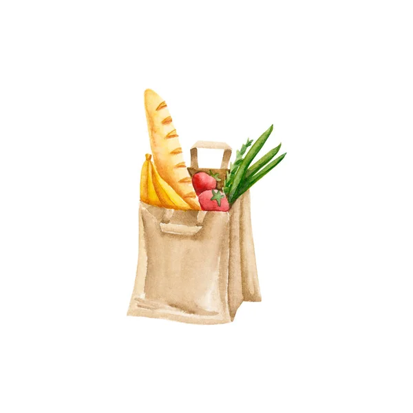 Bolsa Papel Acuarela Con Verduras Frutas Pan Ilustración Aislada Blanco — Foto de Stock