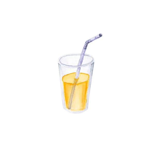 Akvarellglas Apelsinjuice Illustration Isolerad Vitt Hand Dras Färsk Dryck Med — Stockfoto