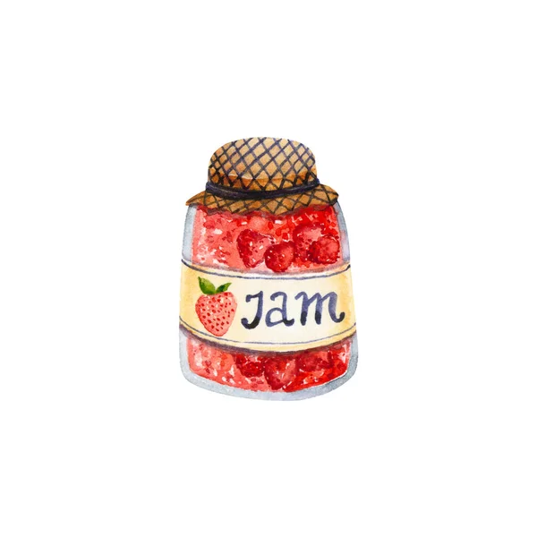 Watercolor Glass Jar Strawberry Jam Illustration Isolated White Hand Drawn — Stock Photo, Image