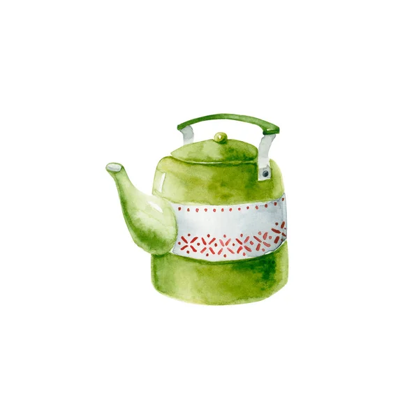 Watercolor Green Teapot Illustration Isolated White Hand Drawn Metal Kettle — Stock Photo, Image