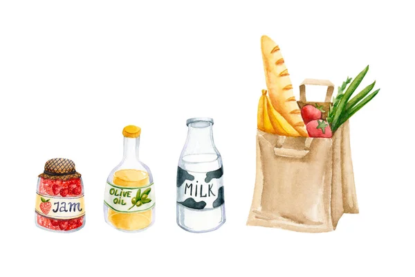 Bolsa Papel Con Productos Botella Leche Aceite Oliva Frasco Vidrio — Foto de Stock