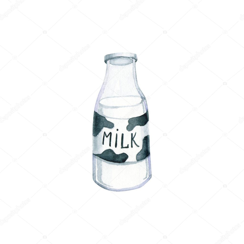Watercolor glass bottle of milk. Illustration isolated on white. Hand drawn fresh drink perfect for trendy design, poster, label, logo, postcard, wallpaper, icon, highlight covers