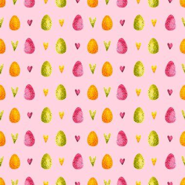 Paskalya deseni kusursuz. El çizimi resim pembe üzerine izole edilmiştir. Renkli yumurta ve kalpler tebrik kartı, poster, tatil duvar kağıdı, kumaş tekstil, ambalaj tasarımı için mükemmeldir.