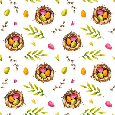 Paskalya deseni kusursuz. El çizimi beyaza izole edilmiş. Renkli yumurtalarla boyanmış yuva, dallar tebrik kartı, poster, duvar kağıdı, kumaş tekstil, ambalaj tasarımı için mükemmeldir.