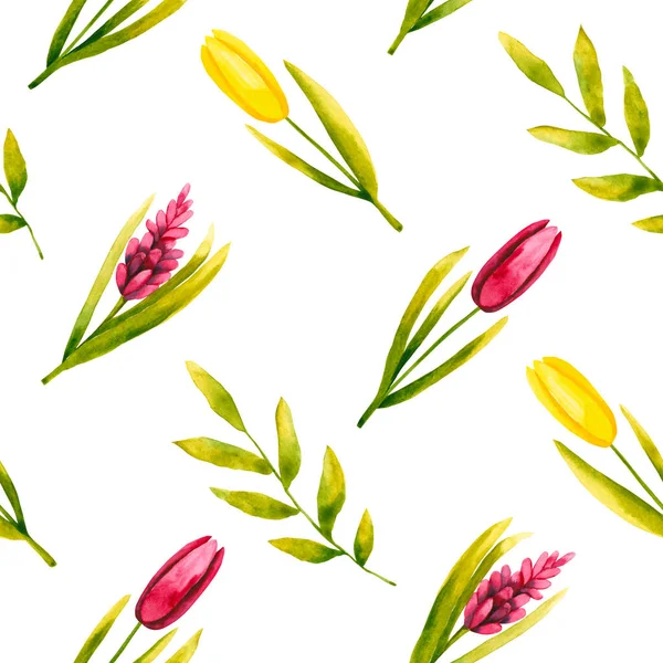 Blommigt Sömlöst Mönster Handritad Illustration Isolerad Vitt Målade Akvarell Våren — Stockfoto