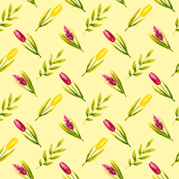 花のシームレスなパターン 手書きのイラストは黄色で区切られています 彩色された水彩春の花は グリーティングカード ポスター 結婚式の招待状に最適です — ストック写真