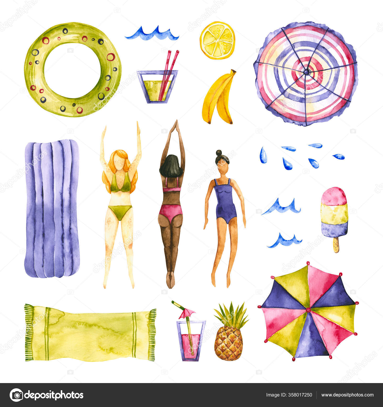 Set Watercolor Summer Girls Items Hand Drawn Illustration Isolated White  Stock Illustration by ©volatsiukhai #358017250