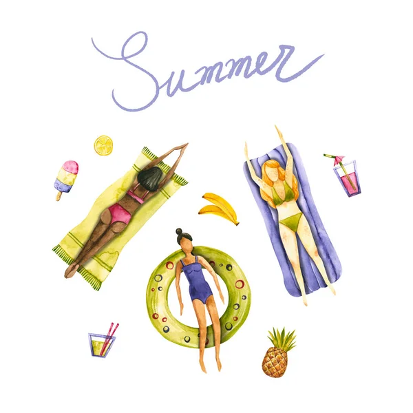Cartão Verão Com Meninas Aquarela Frutas Coquetéis Ilustração Desenhada Mão — Fotografia de Stock