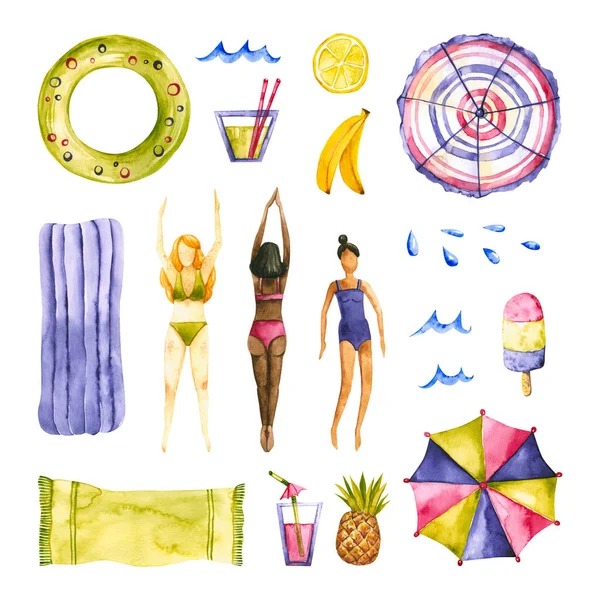 Set Von Aquarell Sommer Mädchen Und Gegenstände Handgezeichnete Illustrationen Sind — Stockfoto