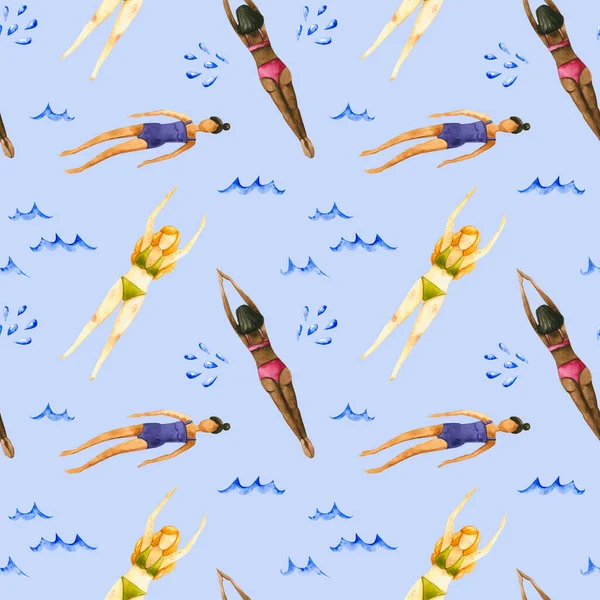 Suluboya yaz kızlarının ve dalgaların kusursuz deseni. El çizimi çizimi mavi üzerine izole edilmiş. Boyalı yüzen kadınlar seyahat tasarımı, tatil posteri, kumaş tekstili için mükemmeldir.