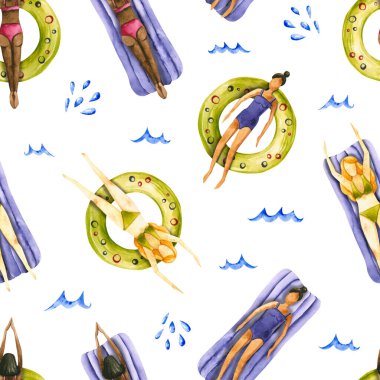 Suluboya yüzen kızların kusursuz desenleri. El çizimi beyaza izole edilmiş. Boyalı rahatlatıcı kadınlar seyahat duvar kâğıdı, tatil köyü tasarımı, yaz posteri, kumaş tekstil için mükemmeldir.