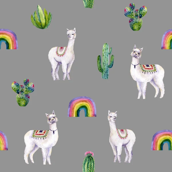 Seamless pattern of watercolor alpacas, cacti, rainbow. Colorful illustration isolated on grey. Hand painted animals perfect for kids wallpaper, interior design, fabric textile, cases, posters