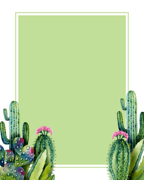 Mall Med Akvarell Kaktusar Färgglad Illustration Med Ram Handmålade Suckulenter — Stockfoto