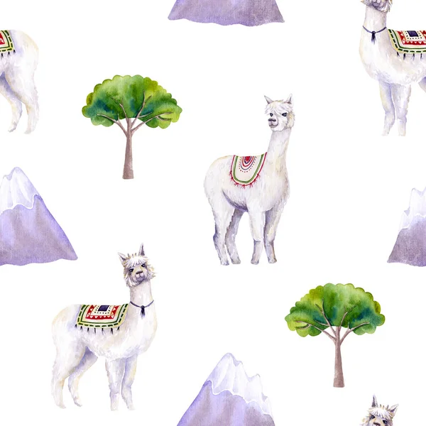 Patrón Sin Costuras Alpacas Acuarela Montañas Árboles Ilustración Colorida Aislada — Foto de Stock