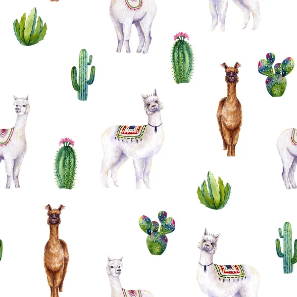 Patrón Sin Costuras Alpacas Cactus Acuarela Ilustración Colorida Aislada Blanco — Foto de Stock