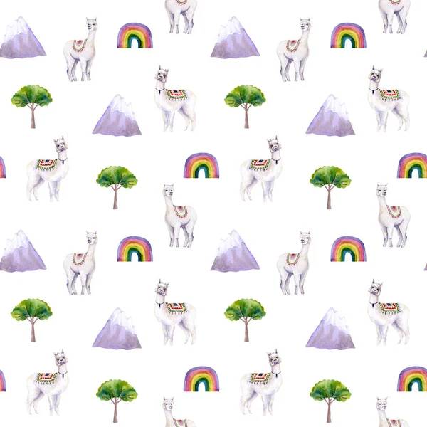 Patrón Sin Costuras Alpacas Acuarela Montañas Árbol Arco Iris Ilustración — Foto de Stock