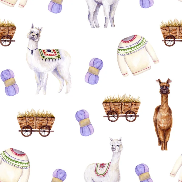 Patrón Sin Costura Alpacas Acuarela Hilo Suéter Carro Ilustración Colorida — Foto de Stock