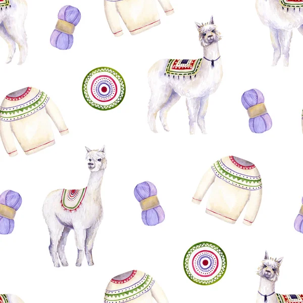 Patrón Sin Costura Alpacas Acuarela Hilo Suéter Estera Ilustración Colorida — Foto de Stock