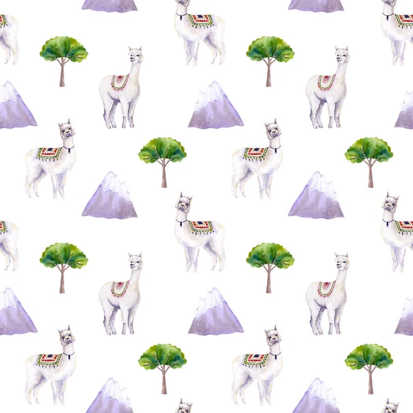 Patrón Sin Costuras Alpacas Acuarela Montañas Árboles Ilustración Colorida Aislada — Foto de Stock