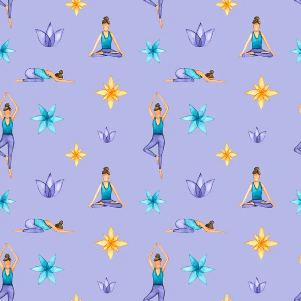 Seamless pattern with watercolor yoga poses and ornament. Hand drawn illustration is isolated on violet. Template is perfect for meditation design, spiritual practice wallpaper, fabric textile