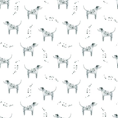 Suluboya köpekle kusursuz desen. El çizimi beyaza izole edilmiş. Boyalı Dalmaçyalı hayvan dükkanı tasarımı, veteriner kliniği, kumaş tekstili, iç duvar kağıdı için mükemmel.