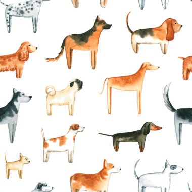 Suluboya köpeklerle kusursuz desen. El çizimi beyaza izole edilmiş. Boyalı hayvanlar hayvan tasarımı için mükemmeldir, veteriner kliniği, kumaş tekstil, bebek odası duvar kağıdı, iç poster