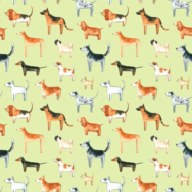Suluboya köpeklerle kusursuz desen. El çizimi çizimi yeşilde izole edilmiş. Boyalı hayvanlar hayvan tasarımı için mükemmeldir, veteriner kliniği, kumaş tekstil, bebek odası duvar kağıdı, iç poster