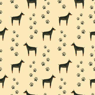 Suluboya köpekle kusursuz desen. El çizimi bej üzerine izole edilmiş. Boyalı doberman evcil hayvan dükkanı tasarımı, veteriner kliniği, kumaş tekstili, iç duvar kağıdı için mükemmel.