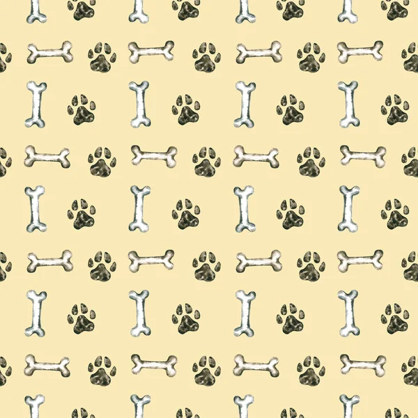 Seamless Pattern Watercolor Footprints Bone Hand Drawn Illustration Isolated Beige — Stock Photo, Image