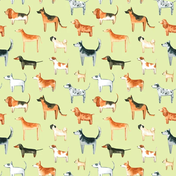 Seamless pattern with watercolor dogs. Hand drawn illustration is isolated on green. Painted pets are perfect for animal design, veterinary clinic, fabric textile, nursery wallpaper, interior poster