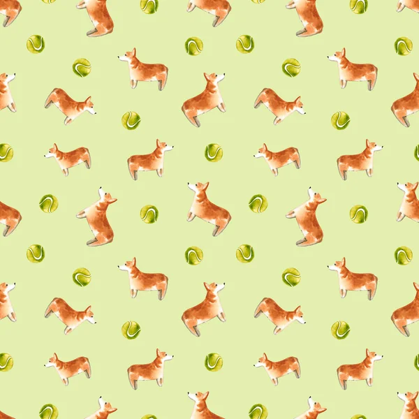 Безшовний Візерунок Акварельною Собакою Ручна Намальована Ілюстрація Ізольована Зеленому Пофарбований — стокове фото