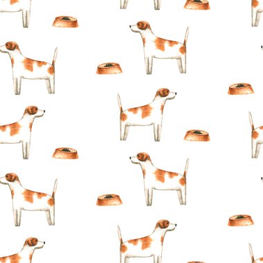 Suluboya köpekle kusursuz desen. El çizimi beyaza izole edilmiş. Boyalı Jack Russell Terrier evcil hayvan dükkanı tasarımı, veteriner kliniği, kumaş tekstili, iç duvar kağıdı için mükemmel.