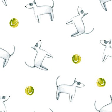 Suluboya köpekle kusursuz desen. El çizimi beyaza izole edilmiş. Boyalı boğa teriyeri evcil hayvan dükkanı tasarımı, veteriner kliniği, kumaş tekstili, iç duvar kağıdı için mükemmel.