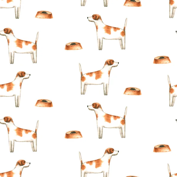 Seamless pattern with watercolor dog. Hand drawn illustration is isolated on white. Painted Jack Russell Terrier is perfect for pet shop design, veterinary clinic, fabric textile, interior wallpaper