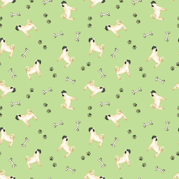 Naadloos Patroon Met Aquarelhond Handgetekende Illustratie Geïsoleerd Groen Geschilderde Pug — Stockfoto
