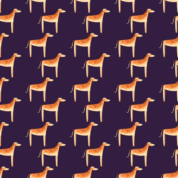 水彩犬とのシームレスなパターン 手描きのイラストはバイオレットに分離されています ペイントされたグレイハウンドは ペットショップのデザイン 獣医クリニック インテリア壁紙に最適です — ストック写真